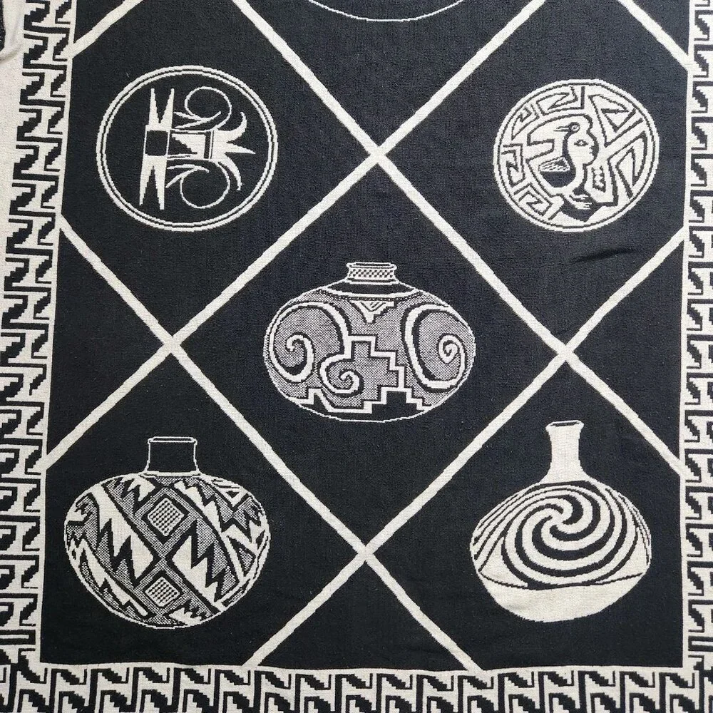 Vintage Southwest Native Aztec Pottery Pots Blanket Tapestry 74” X 50”
